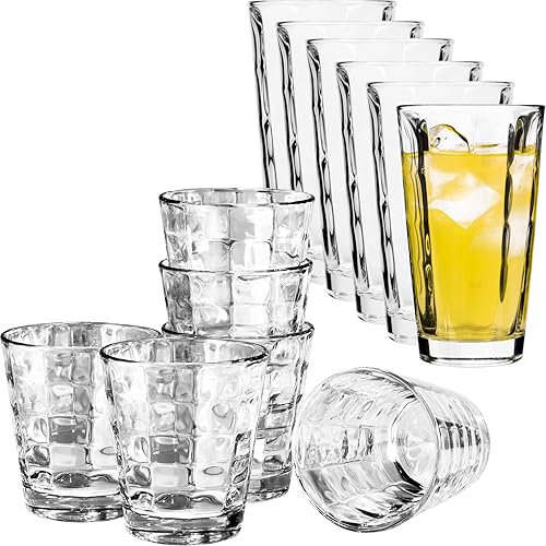 GIESSLE® 12er Trinkglas Set [ in Diamant Optik ] 6x Longdrinkglas & 6x stapelbares Wasserglas