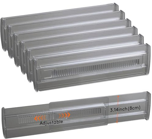 6 Pack Drawer Dividers, 3.2 High Expandable from 11.2-20 Adjustable Drawer Organisers,Clear Plastic Drawers Separators for Clothing, Kitchen Utensils and Office Storage (Black)