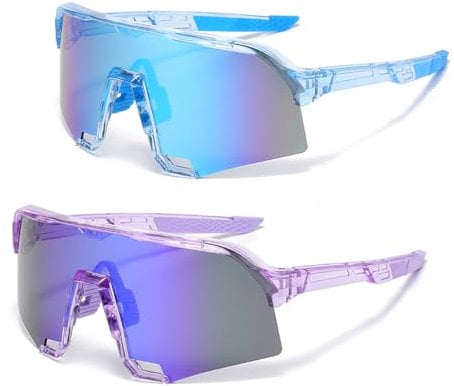 FOSDICK 2PCS Running Sunglasses Women, Cycling Glasses Mens, UV400 Protection Sports Sunglasses For Men Women,Cycle Glasses with Lanyard For Outdoor Windproof Driving Fishing Motorcycle (Purple, Blue)