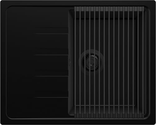 PRIMAGRAN Fregadero Cocina Todo Negro 62x50cm, Granito 1 Seno + Sifón + Enrollable Escurridor, Sobre encimera al mueble 40cm - Milano S078