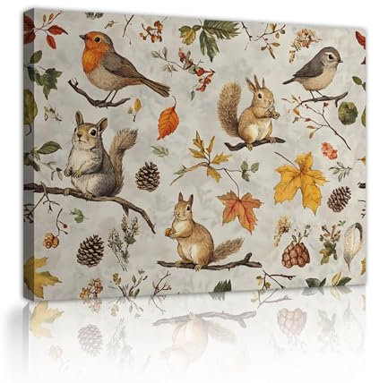 TOANGWALL Animal Theme Canvas Print Cartoon Cute Animals Squirrel Bird Pinecone Leaves Pattern Poster Painting Wall Art for Bedroom Decor 40x50cm Innerframe