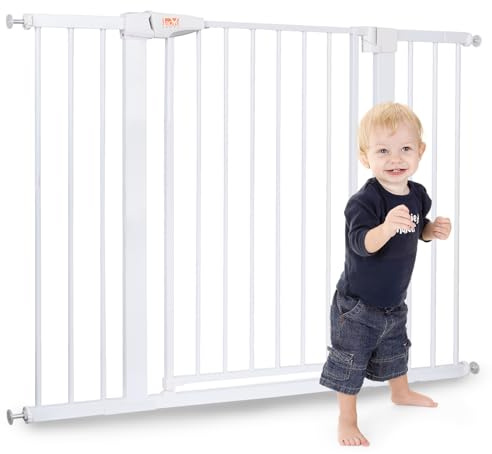 LAOYE Treppenschutzgitter ohne Bohren, Extra Hoch 76 cm Höhe, 75-124 cm Breite, Türgitter Baby mit 3 Verlängerungen, für Kinder, Hunde und Katzen, Auto-Close & 90° Stopp - Weiße