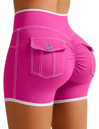 STARBILD Damen Sport Shorts 4.5 Zoll mit V-Cross Waist & 2 Cargo-Taschen, Scrunch Bums Leggings Kurz Bauchweg für Fitness Laufen Yoga | Blickdicht Squat Proof