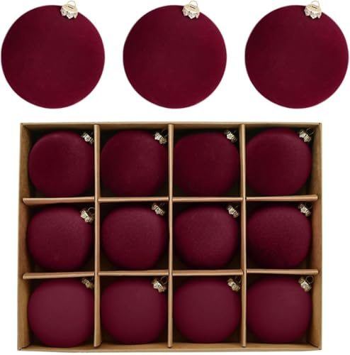12 bolas de adorno de Navidad de terciopelo, decoraciones de Navidad burdeos colgantes, adornos de Navidad de terciopelo para árbol y fiesta (rojo vino)