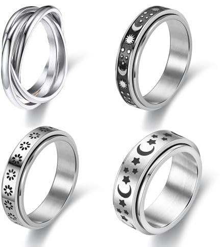 4Pcs Spinner Ring Fidget Rings for Women, Fidget Rings for Anxiety Women | Stainless Steel Rings for Women, Anxiety Rings for Women, Spinner Fidget Ring, Fidget Jewellery Mood Ring to Relieve