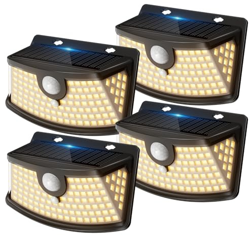 Aootek Solarlampen für Außen mit Bewegungsmelder, 4er Set, Garten, 120 LED | 270° Breiter Winkel, IP65 Wasserdicht, Solar Wandleuchte, Sicherheitslicht, Gartenbeleuchtung, Schwarzer Rahmen, Warmweiß