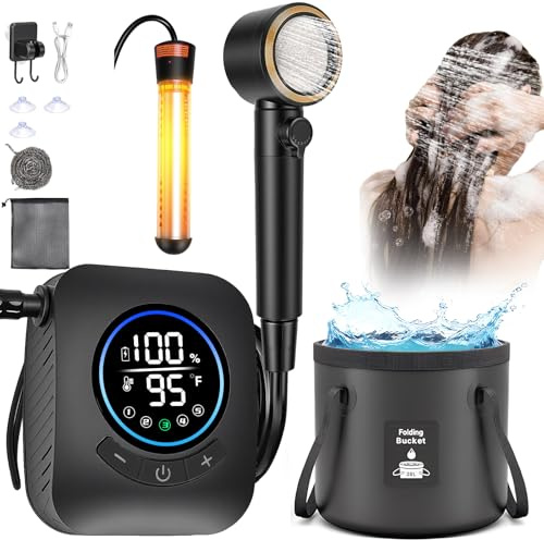 Portable Camping Shower with Heater, Rechargeable Shower Pump with 20L Collapsible Bucket, 3 Spray Modes, 5-Level Water Flow Settings, LED Display, IPX8 Waterproof Outdoor Shower for Travel, Car, Pet