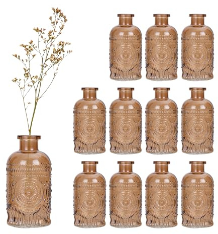 Relaxdays Glasvase, 12er Set, Deko-Vase, geprägtes Vintage-Design, HD: 13x6 cm, Mini-Vasen für Tischdeko, Glas, Farbwahl