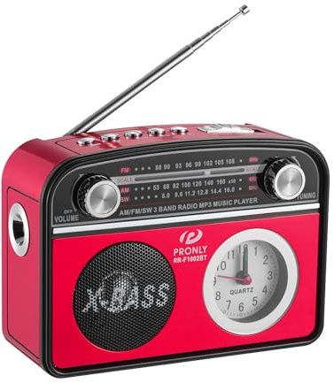 PRONLY Radio Portable AM/FM avec Bluetooth, Vintage Radio Portables Rechargeable D’Urgence avec Horloge et Lampe Torche, Lecture USB/TF, pour Le Camping et Les Situations de Secours, Rouge (PR-1002)