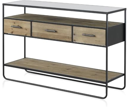 GEESEHOME Console en bois de sapin et fer avec plateau en verre fumé