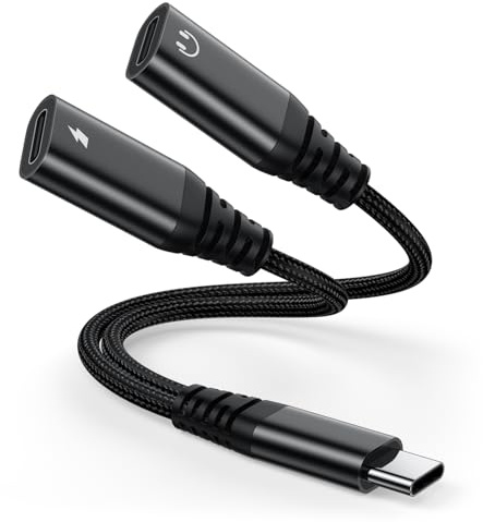USB C Headphone Adapter and Charger USBC Splitter 2 Ports Type C Audio + Charger Adapter USB C Earphone Splitter Cable Converter for Samsung Galaxy, iPad Pro/Air/Mini/10th/11th, iPhone 15/16/17 Series