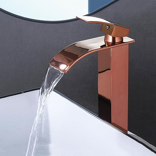 ITNXVKGES Rubinetto per lavabo Alto a Cascata, Rubinetto per Bagno a Foro Singolo per Acqua Calda e Fredda, Miscelatore monocomando, Oro Rosa, Alta beneficenza