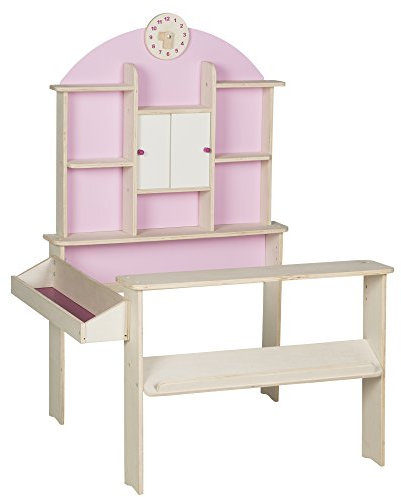 roba Kaufladen, Holz natur, mit Seitentheke, Uhr, rosa Rückwand & weißen Schiebetüren