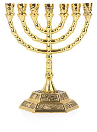 BRTAGG Menorah Candeliere ebraico, 12 tribù d'Israele, 7 rami, altezza 20 cm, oro