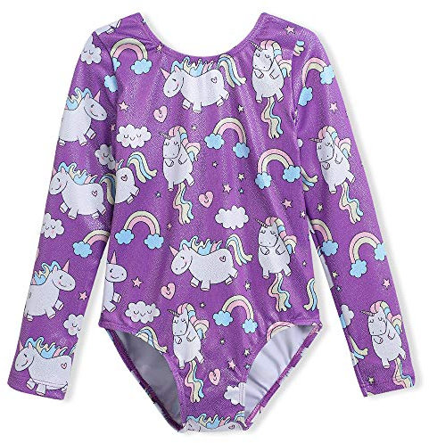 DAXIANG Gymnastikanzug Kinder Mädchen Langarm Ballett Ballettröckchen Kleid Trikotanzug Tanz Kleid Ballett Ballettröckchen Gymnastik Trikotanzug Akrobatik (Lila Einhorn, 110(3-4 Jahre))