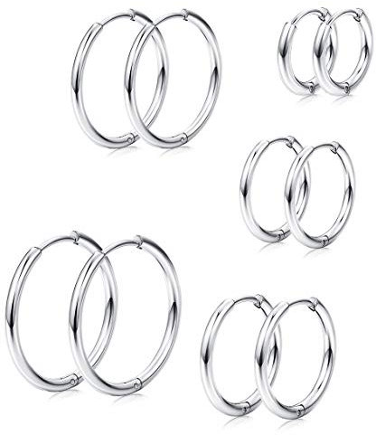 Milacolato 5 Pairs Edelstahl Basic endlose Creolen für Herren Damen Knorpel Piercing Nase Zunge Körper Ring 8-16mm Silber
