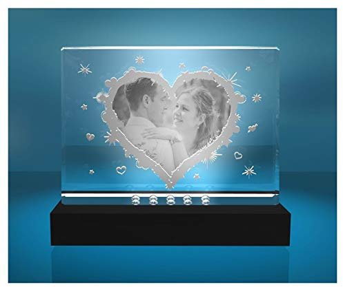 VIP-LASER Glasfoto Selbststehend Motiv: Herz mit Deinem eigenen Foto graviert. EIN tolles Geschenk zu Weihnachten und dem Jahrestag (incl. LED-Leuchtsockel (empfohlen))