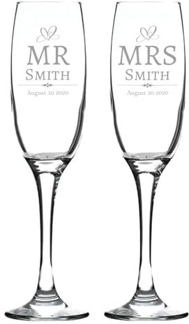 MR & MRS Date Personalised Pair of Champagne/Wine Flute Glasses - Wedding/Engagement/Anniversary in White Boxes