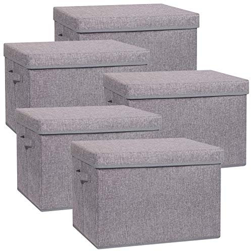 TENABORT 5 Pack Large Foldable Storage Box with Lids [16.5x11.8x11.8] Fabric Storage Cube Organizer Cloth Containers Linen Bins Baskets for Closet Clothes Clothing Bed Room