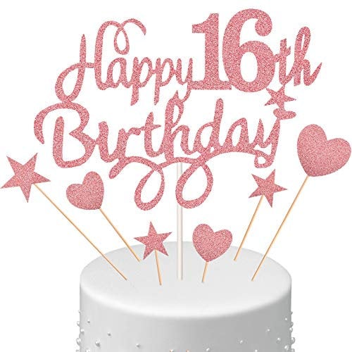 16th Cake Topper Set Happy 16th Birthday Glitter Heart star Cupcake Picks Decoration for Birthday Party Supplies, Rose Gold
