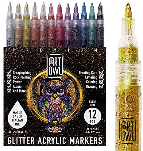 Acrylic Glitter Paint Marker Pens, Ultra Fine Point 0.7mm - Sparkle Paint Pens for Rock Painting, Stone, Ceramic Glass, Wood, Card Stock, Canvas, DIY Crafts - Set of 12