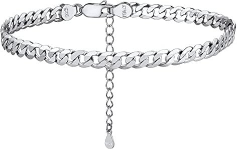 PROSILVER Damen Fußkettchen Armband 925 Sterling Silber Panzerkette Fußkettchen 5mm breit 22+5cm verstellbar Gliederkette Sommer Strand Schmuck für Frauen Männer