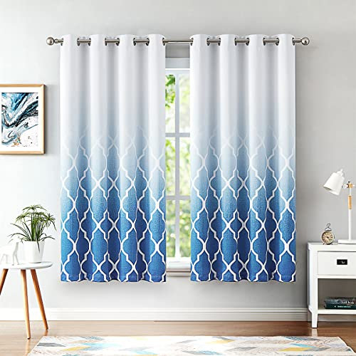 Beauoop Blackout Curtains for Bedroom Blue Ombre Curtains 72 Inch Drop Geometric Print Eyelet Curtain for Living Room Darkening Thermal Insulated Window Curtain Drapes 2 Panel