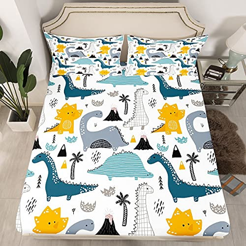 Juego de sábanas de Dinosaurio con Estampado de Dinosaurios de Dibujos Animados para niños y niñas, Juego de Ropa de Cama de Animales de Dibujos Animados Lindo decoración de Dinosaurio, sábana Bajera