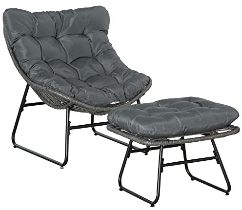 Outsunny Fauteuil Chaise de Jardin avec Repose-Pieds en métal époxy et résine tressée Aspect rotin avec Coussins Moelleux - Gris