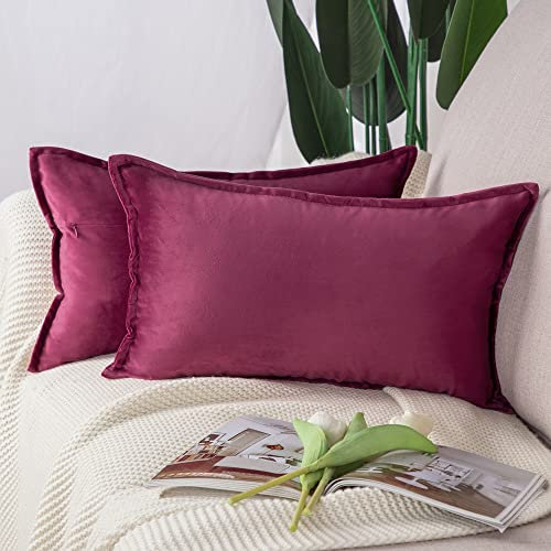 Madizz 2er Set Samt Dekorativ Zierkissenbezüge Luxus Stil Kissenbezug für Sofa für Schlafzimmer Purpurrot 30x50 cm Rechteckigig