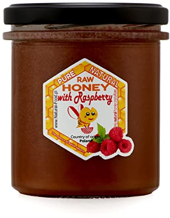 Natural Food - Honig mit Zusatz von Gefriergetrockneten Früchten - für Desserts Süßspeisen Aromatisierte Tees Backwaren - Reiches Aroma und Geschmack - Gewicht 430 g - mit Himbeeren