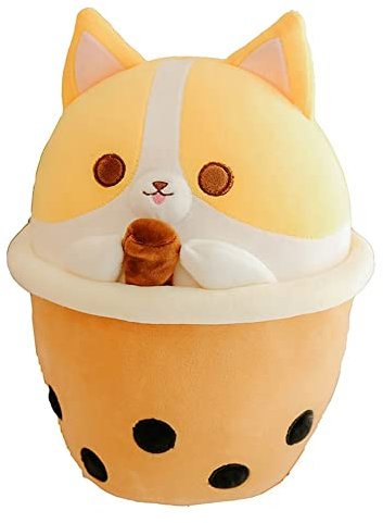 Bubble Tea Plüschtier, 30cm Shiba Inu Plüschtier Flauschiges Stofftier Plüschkissen, Boba Kuscheltier Ausgestopftes Tier Kissen Puppe Gefüllt Spielzeug Geschenk für Kinder Mädchen Jungen
