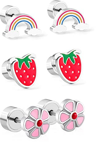 20g Erdbeerblume Regenbogen Tiny Kleine Ohrstecker Ohrringe für Frauen Mädchen Knorpel Tragus Flacher Rücken Niedliche Edelstahl Piercing Mode Schmuck Geschenke Geburtstag Weihnachten 3 Paare Set