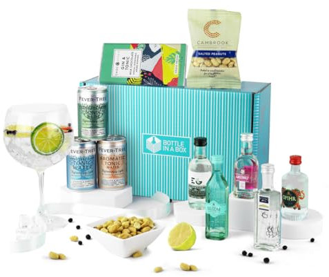 Gin Variety Gift Set Hamper | Gift Set for Gin Lovers with 5x5cl Classic Miniatures, Tonic, Chocolate and Snacks in a Gift Box