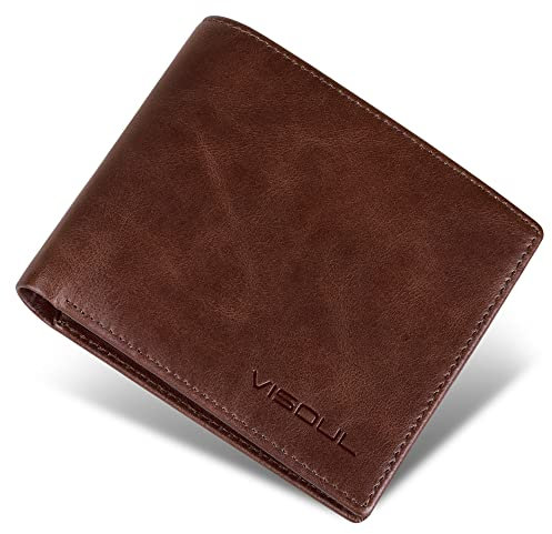 VISOUL Portafoglio Uomo Vera Pelle Portamonete Slim con Protezione RFID, Portafoglio Bifold da Uomo con 8 Porta Carte di Credito, 2 Scomparti Banconote e 2 Finestre ID (Marrone)