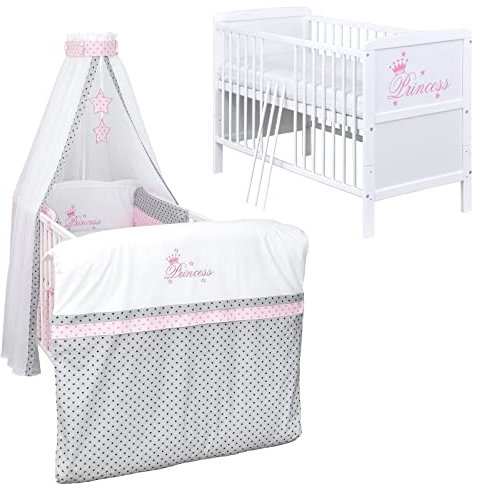 Baby Delux Babybett Komplett Set Kinderbett umbaubar zum Juniorbett weiß 140x70 Princess Bettwäsche mehrteilig (Princess Grey Stars)