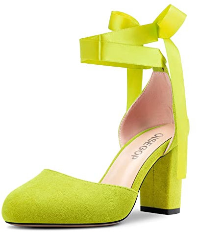 OISEGOP Donna Alto High Chunky Blocco Tacco Heel Rotonda Punta Pumps Lacci Cinturino alla Caviglia Feste Cute Scarpe Verde Lime Scamosciato 40 EU