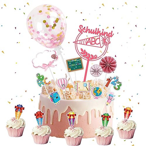 27 Stück Schulanfang Tortendeko, Mädchen Schulkind Tortendeko Einschulung ABC 123 Cupcake Topper Dekorationen Kuchendeko Schulanfang, für Schulanfang Party Deko (Rosa)