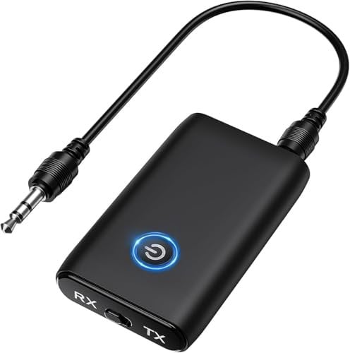 OQIMAX Bluetooth Adapter Aux, 2-in-1 Bluetooth 5.3 Transmitter Empfänger Low Latency, 3,5mm AUX Klinke Audio Sender Receiver für Kopfhörer, Lautsprecher, Stereoanlage, Auto, TV, Laptop, Flugzeug
