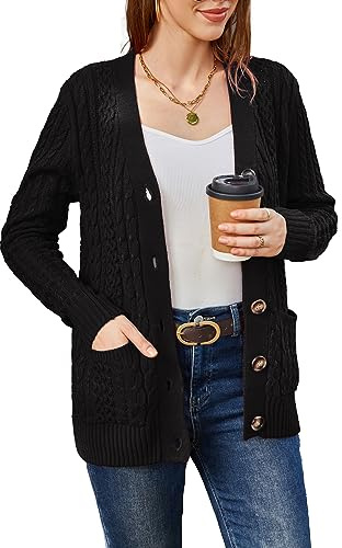 Womens Cardigan Sweaters Cable Knit Sweater 2025 Fall Winter Chunky Open Front Button Down Coats with Pockets, Black, UK 10