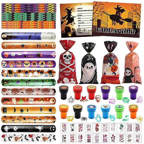 80 Stück Mitgebsel Kindergeburtstag: Halloween Party Deko Spielsetmit Schnapparmband, Party Einladungen, Stempel, Bleistift, Geschenktüte, Narbenaufkleber, Halloween Mitgebsel für Jungen und Mädchen