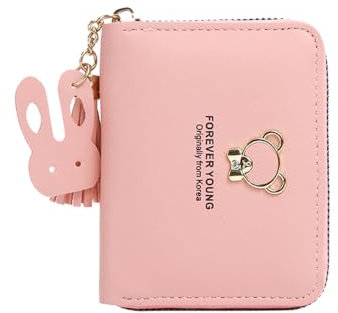 IFUDE Süße Geldbörse für Mädchen Damen mini Portemonnaie Kinder aus Weichem PU Leder mit Reißverschluss,Cartoon-Design Anhänger,Münzfach und Kartenfächern (Rosa)