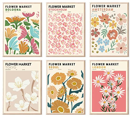 JINZUNRUI Stilvolles Blumen Bilder Set, 6 Stück Flower Market Poster Vintage Kunstdruck Wohnzimmer Schlafzimmer Wandbilder A4 Bilder Aesthetic Wanddeko, ohne Rahmen