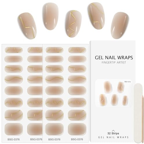 Kalolary Gel Nail Polish Strips, 32PCS Nail Gel Art Sticker Waterproof Full Nail Wraps Decal Sets with Nail File and Stick for Women Girls Nail Art Decor (UV/LED Lamp Required) (C)