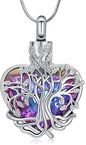 Minicremation Urna Collar para cenizas Árbol de la Vida Birthstone Corazón Colgante Cremación Keepsake Memorial Funeral Collar Joyería Regalos para Mujeres Esposa Madre (F)