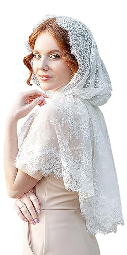 JIAHG Voile d'église Châle en Dentelle Protection Solaire Femme Mantille Catholique Châle de Princesse Blanche Voile de Mariée Mariage Bal Soirée Photographier Voyage Foulard de Tête Femme Musulmane