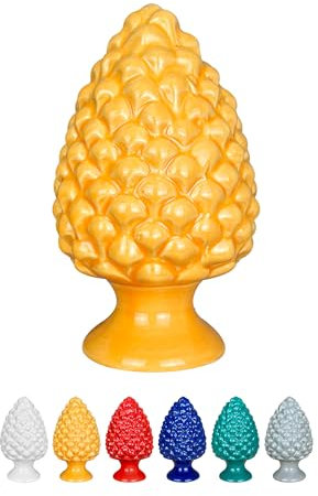 IlGruppone Pigna Siciliana Decorativa Colorata Dipinta Mano Soprammobile Pigne di Caltagirone Design Siciliano Decorativa Ornamentale - Senape - Grande