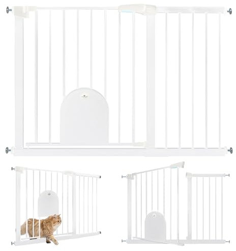 UISEBRT Treppenschutzgitter Türschutzgitter Ohne Bohren Treppengitter mit Katzentür Haustiertür, für Breiten 105-115 cm, Selbstschließend, Einhändiges Öffnen Metall Gitter, Weiß