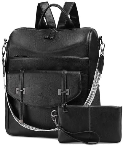 Kasgo Damen Rucksack PU Leder Modischer Freizeit Schulrucksack für Frauen Elegant Daypack Rucksäcke wandelbar Umhängetasche Vintage Reiserucksack Schwarz