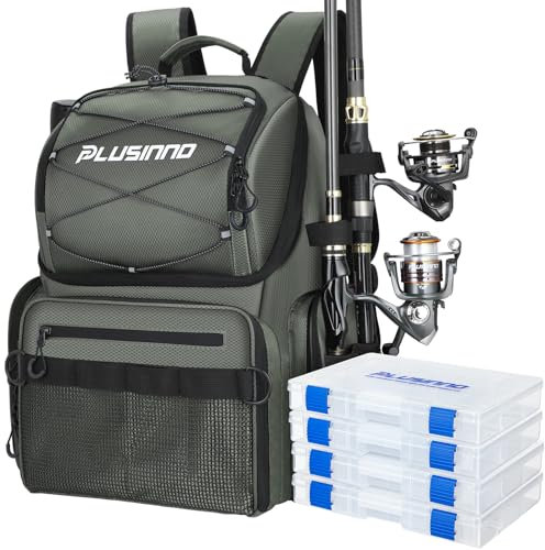 PLUSINNO Angelrucksack mit Rutenhaltern und Kühler, 45 l, groß, wasserabweisend, Angelausrüstungsrucksack